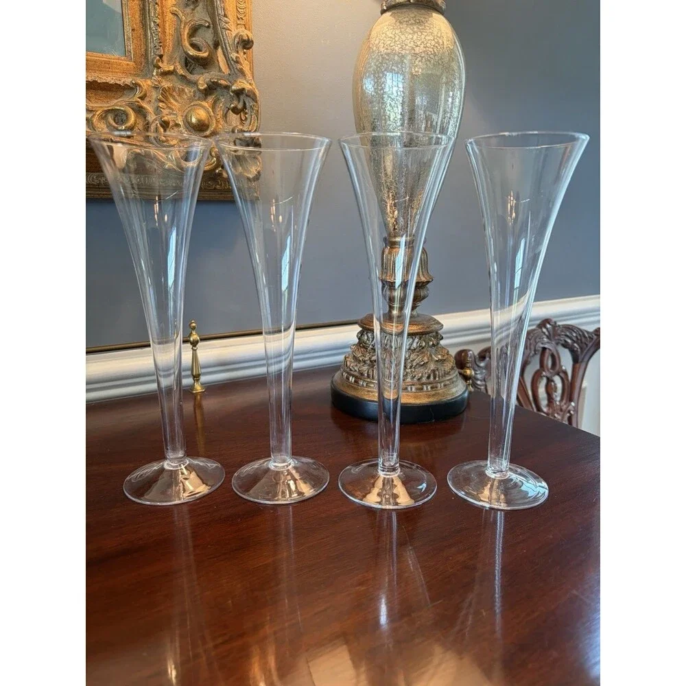 Crate & Barrel Optic Champagne Flutes Set 4 Modern Clear Glass Hollow Stem 10